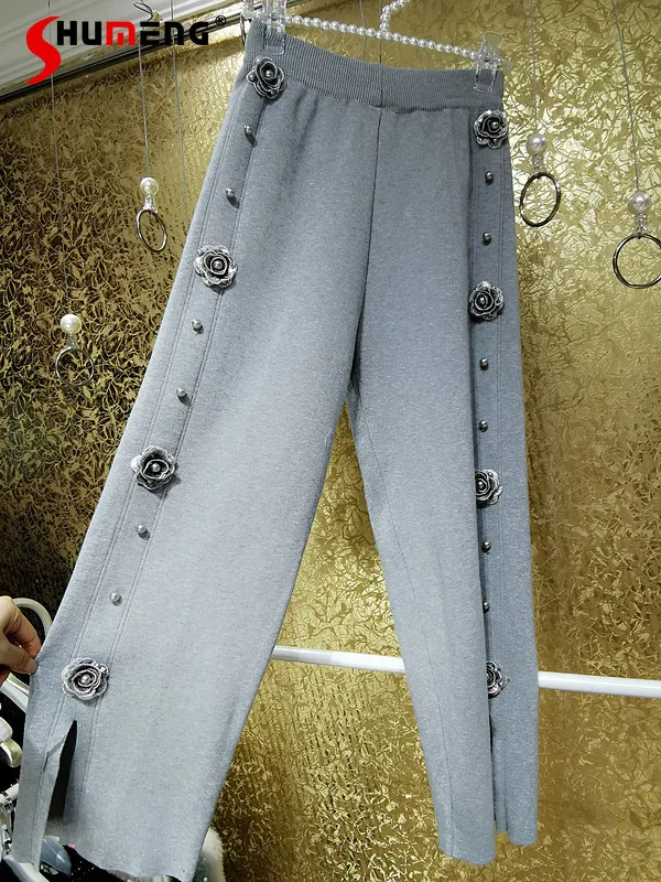 

Beautiful Pearl Three-Dimensional Sequined Flower Trousers Women 2022 Spring New Lady Casual Knitted Slit Slimming Pencil Pants