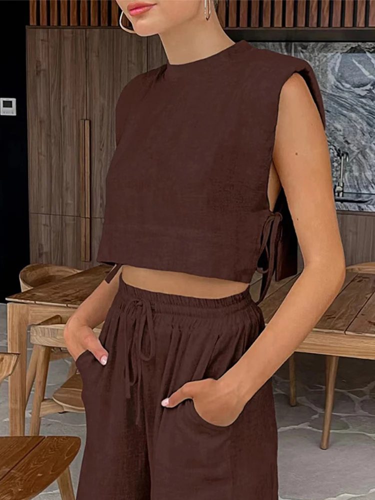 Хлопковые льняные костюмы женские на шнуровке свободный ажурный жилет с