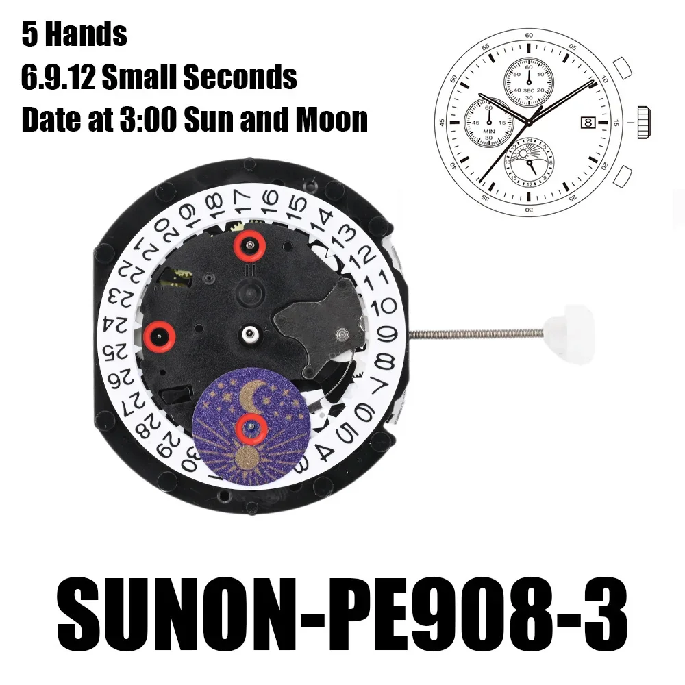 Механизм PE908 Sunon PE908-1 Mov Milf Sun and Moon 5 стрелок 6 9 12 дата малых секунд на 3:00