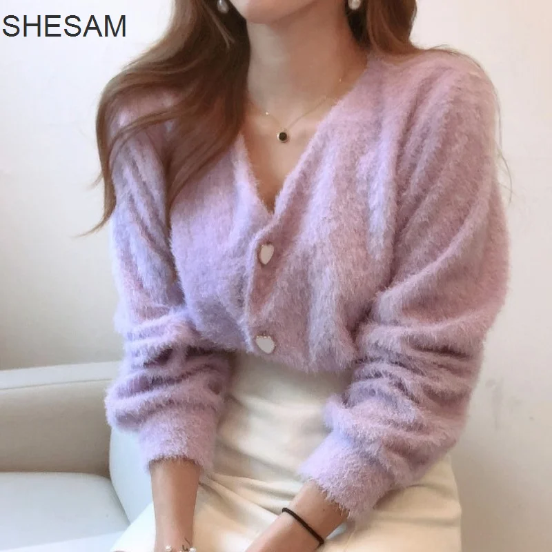 

Корейский шикарный кардиган осень Французский нежный стиль V-образный вырез любовь норковый свитер женский топ