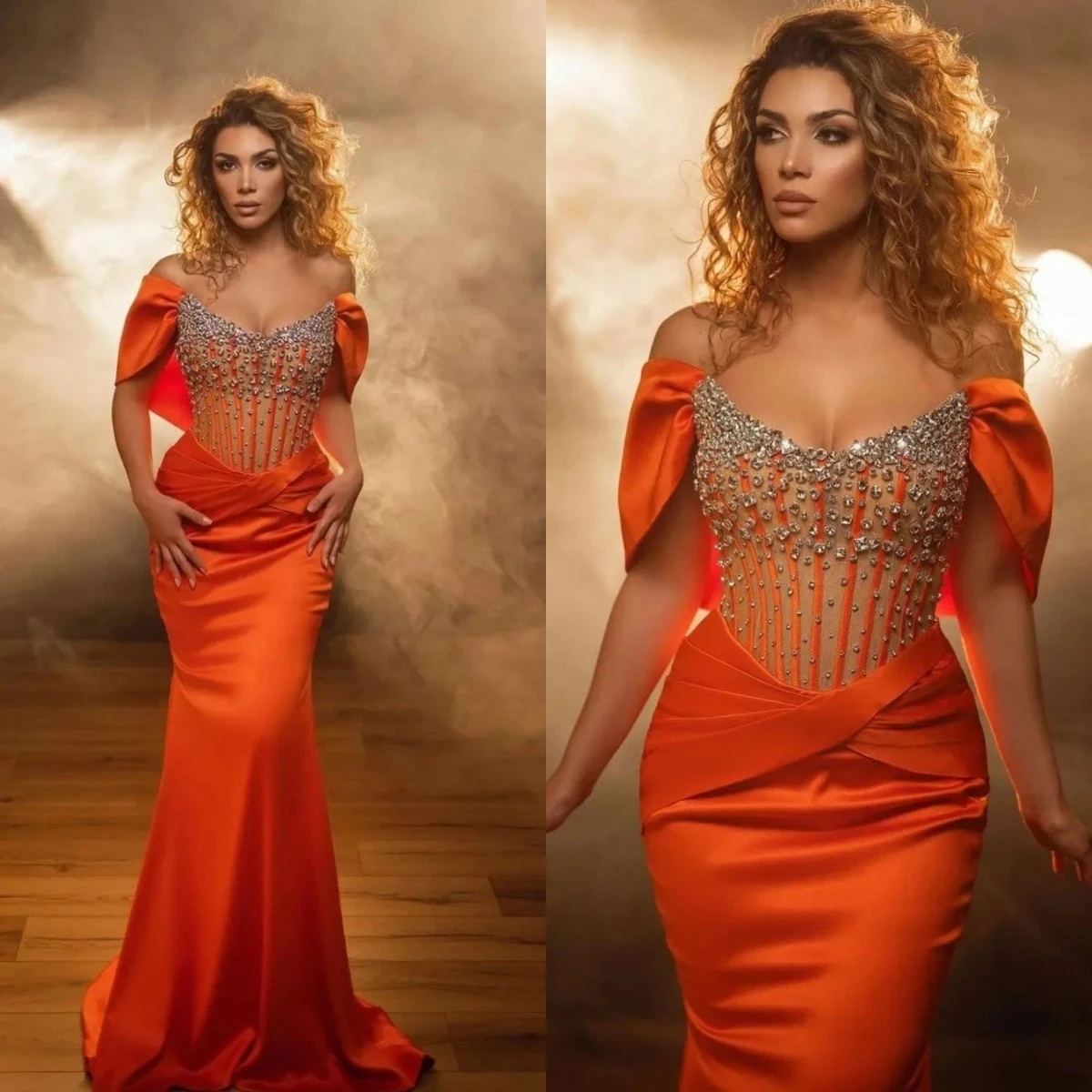 

Dubai Orange Evening Gowns Beads Mermaid Prom Dress Off Shoulder vestido longo Aso Ebi Formal Dress Elegant vestidos de noche