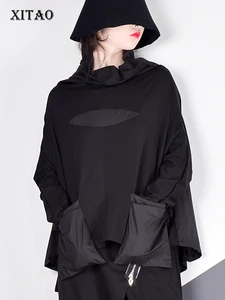 Женская футболка с карманами XITAO Harajuku, повседневная черная футболка с воротником-стойкой в Корейском стиле на лето, LYH2877