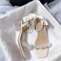 2022 new art ribbon crystal heel all match female bow rhinestone holiday sandals