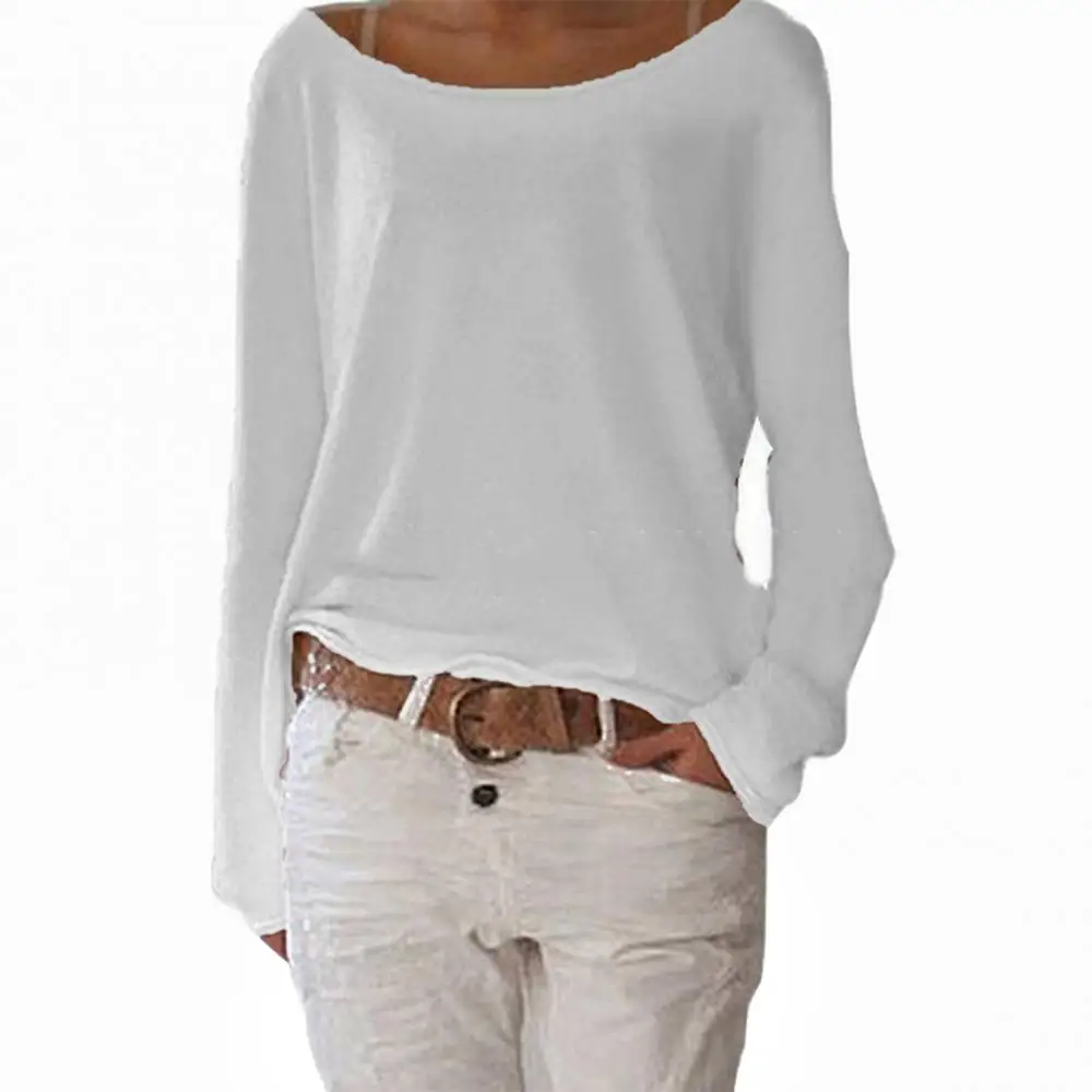 Свободная Женская футболка однотонная Повседневная с круглым вырезом и длинным