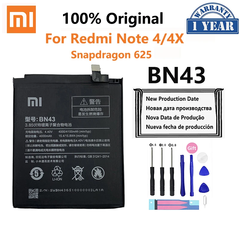 100% Оригинальный Xiao mi Redmi Note 4 4X 4X4100 мАч BN43 для Xiaomi Global Snapdragon 625, аккумулятор, батарея для смартфона