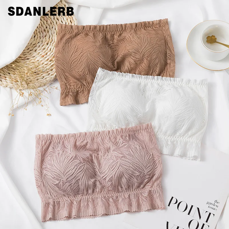 

New Trendy Strapless Off-Shoulder Crop Tops Latex Lace Chest Wrap Strapless Bra Undershirt Tube Top Padded All-Match Underwear