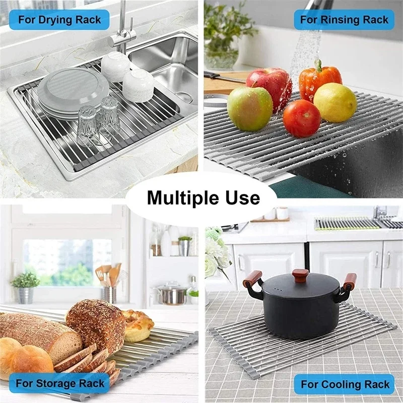 Foldable Roll Up Dish Drying Rack for Kitchen Sink Stainless Drainer above Sink Storage Organizer Tray Kitchen Accessories images - 6