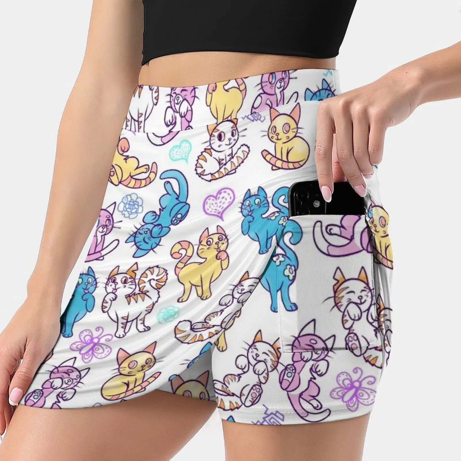 

Colourful Kitty Cat Pattern Women's skirt Sport Skort Skirt With Pocket Fashion Korean Style Skirt 4Xl Skirts Cat Cat Pattern