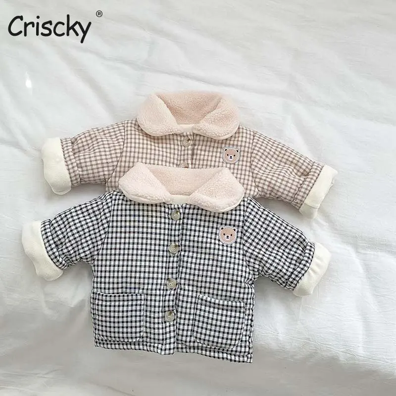 

Criscky Baby Coat 2022 Winter New Korean Cartoon Plaid Cotton Padded Boy's Coat Lapel Girl's Fleece Thicken Warm Jacket Tops