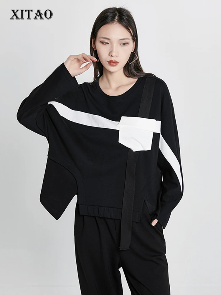 

XITAO Patchwork T-Shirt Women Korea 2022 Summer New Arrival Personality Fashion Loose O-neck Full Sleeve T-Shirt WMD5642