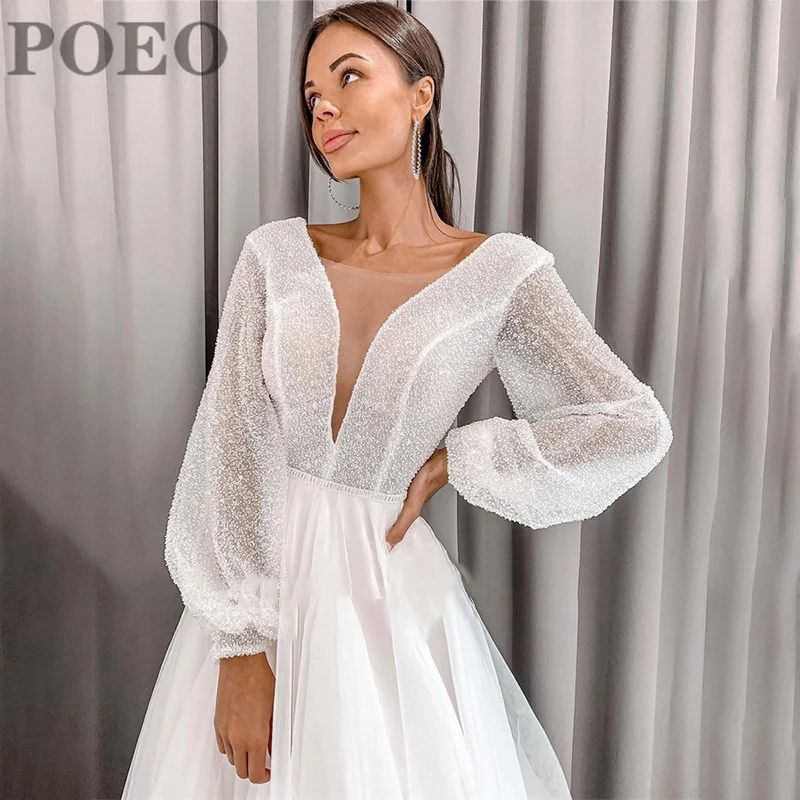 

Classic Wedding Dress For Women MM016 O-Neck Full Sleeves Shiny Appliques Bridal Dress Floor-Length Court Train Robe De Mariee