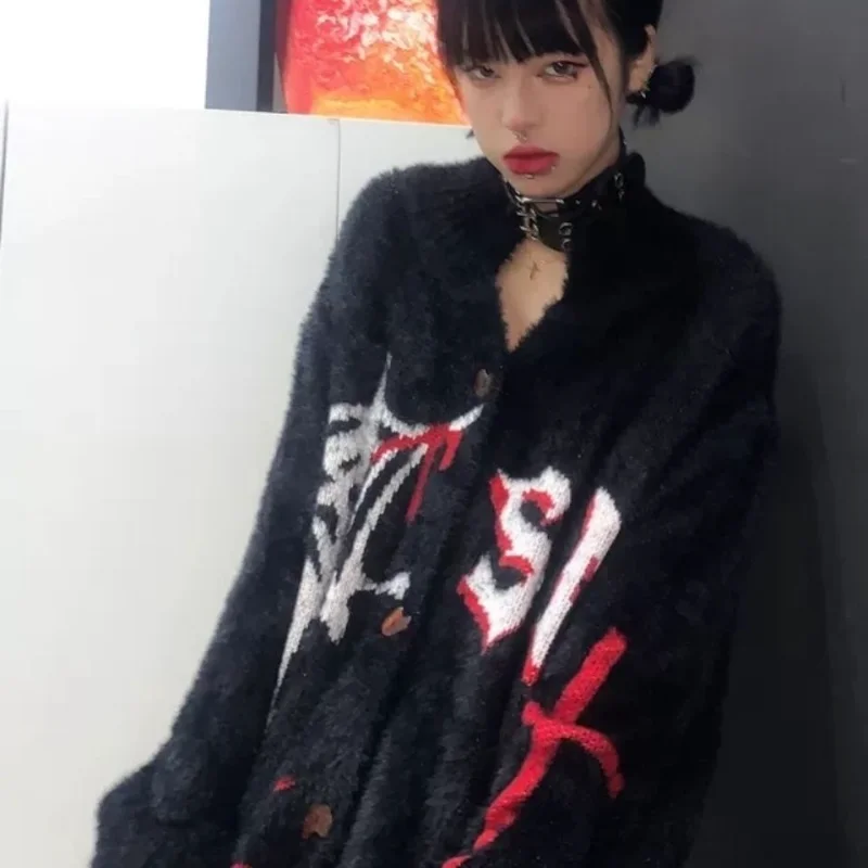 

Y2k Mink Cashmere Black Sweater Sueters Mujer Oversize Jumper Dark Pull Femme Fairy Grunge Gothic Halter Cardigans Knit Jacket
