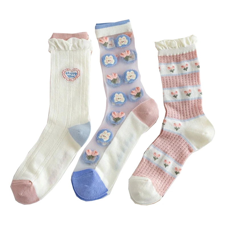 

Mesh Print Sexy Socks For Women Transparent Cartoon Kawaii Fluffy Socks Girl Long Cotton Designer Japanese Style Calzini Donna