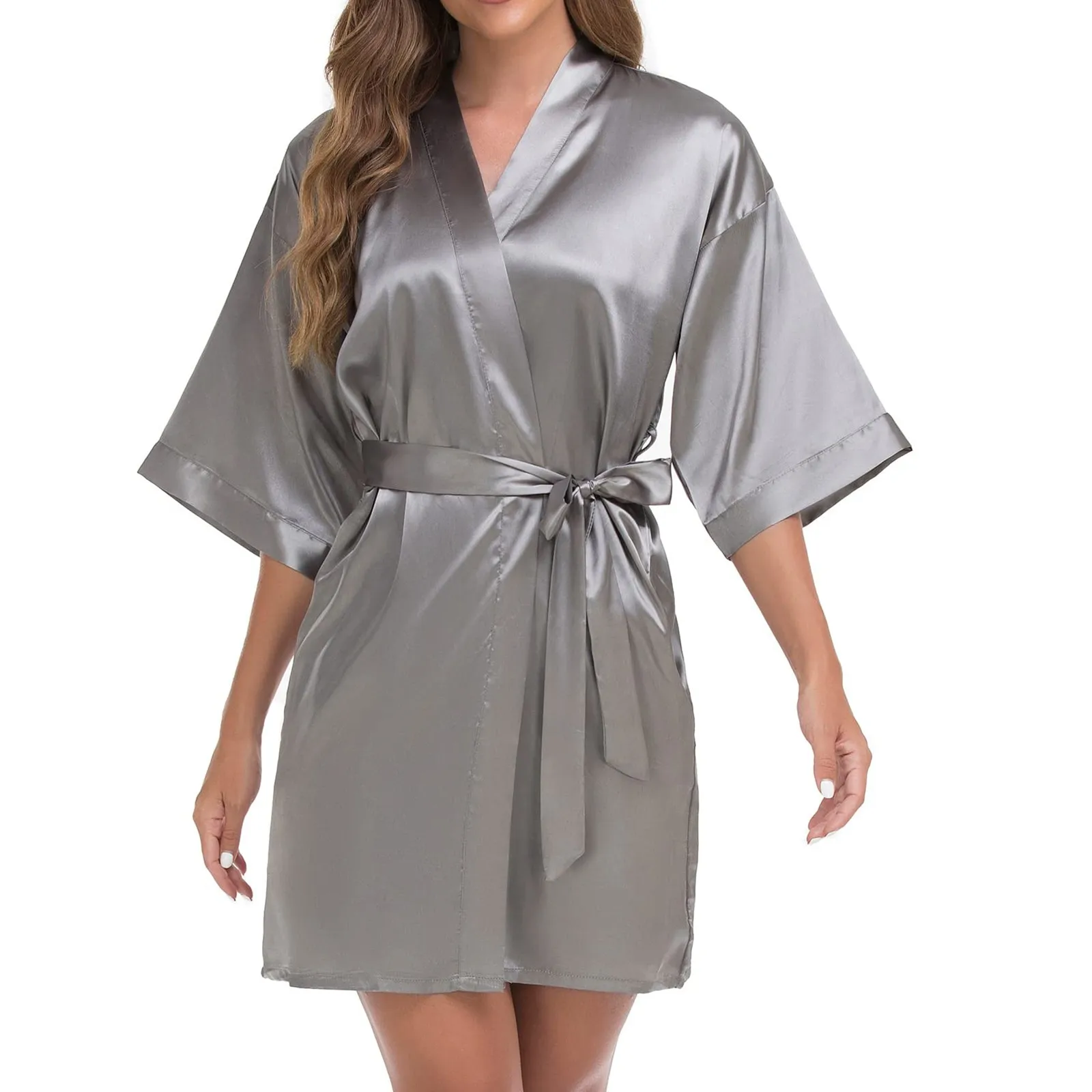 

Women's Short Kimono Robe Silky Satin Bathrobe Fashion Sexy Solid Lace Casual Sleepwear V Neck Nightdress Hot Sale Quarter