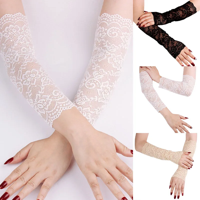 Перчатки женские кружевные без пальцев, пикантные эластичные рукава, искусственные длинные перчатки 30 см, тонкая защита от солнца, из ледян...