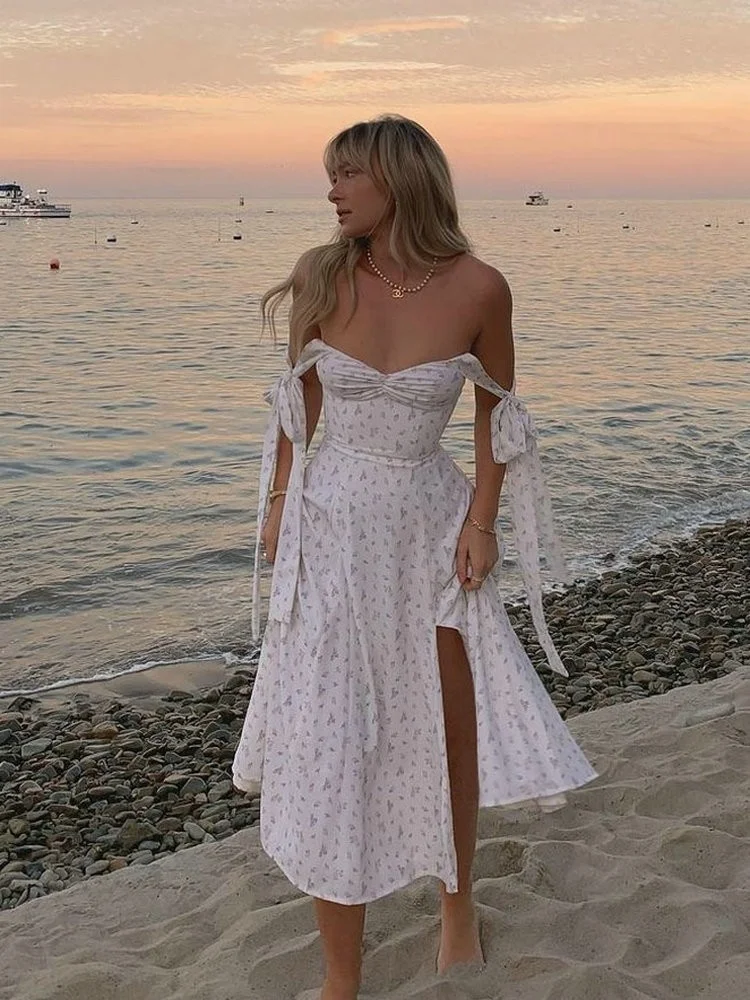 

Hot dress,Floral Print Knot Straps Split Thigh Cami Dress Summer White Sleeveless V-neck Backless Beach Dress Women Slip Dress R