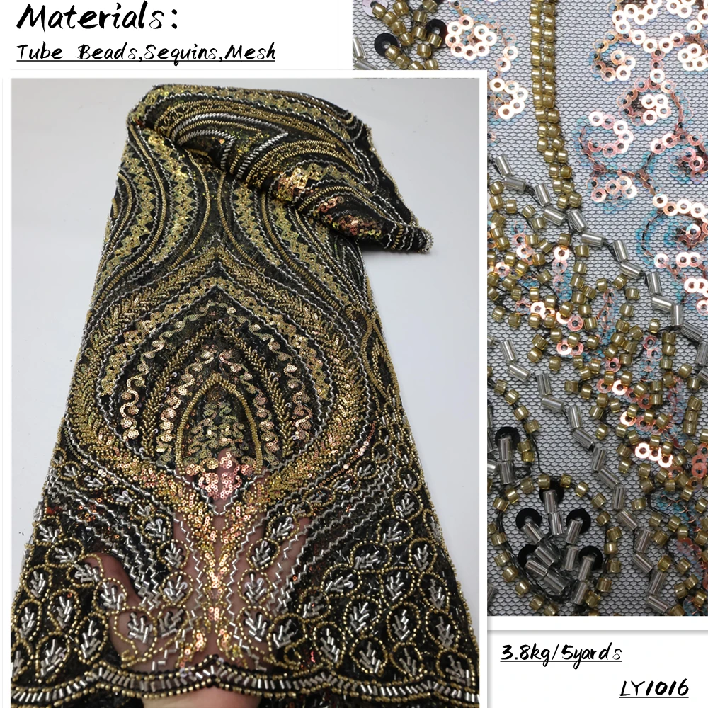 

Heavy High Quality African Beads Tube Embroidery Lace Fabric 2022 Nigerian Frenc Tulle Sequin Lace for Wedding Dress LY1016