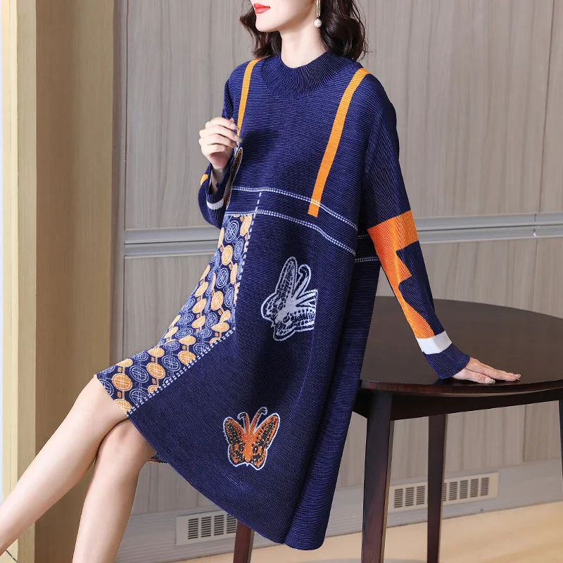 

Miyake Pleated Dress for Women 2022 Autumn and Winter New Advanced Gold Velvet Printed Round Neck Plus Size Women Fashion Dress