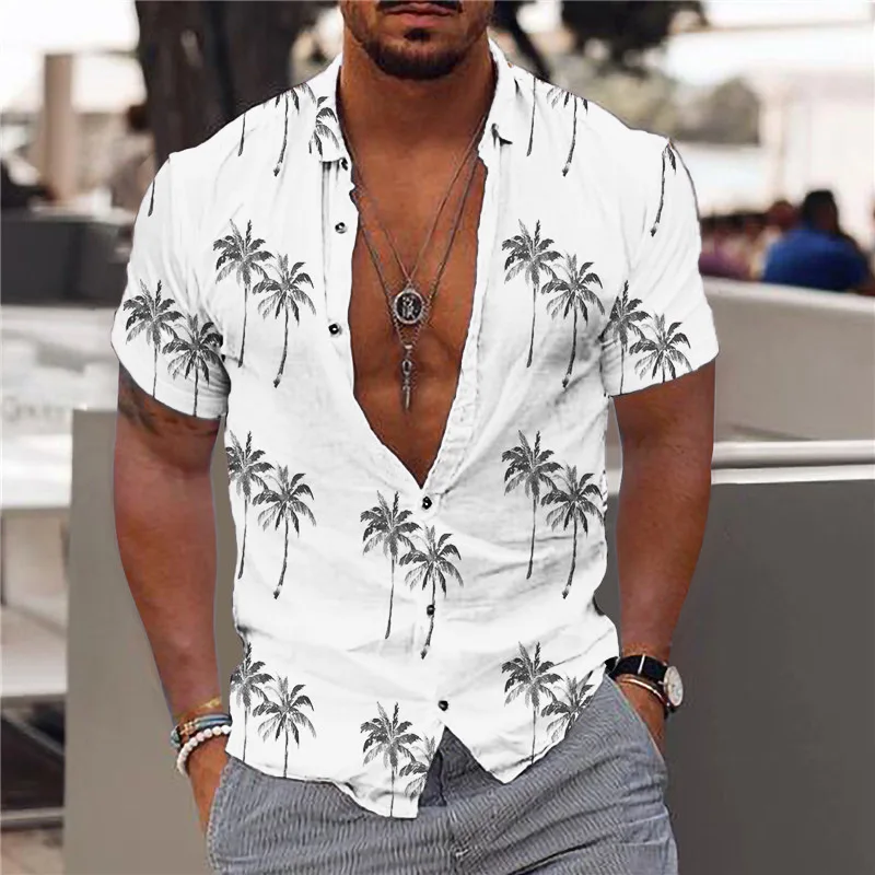Summer Beach Shirt Men Hawaiian Style Shirt Print Trend Cardigan Casual Short Sleeve Outerwear Loose