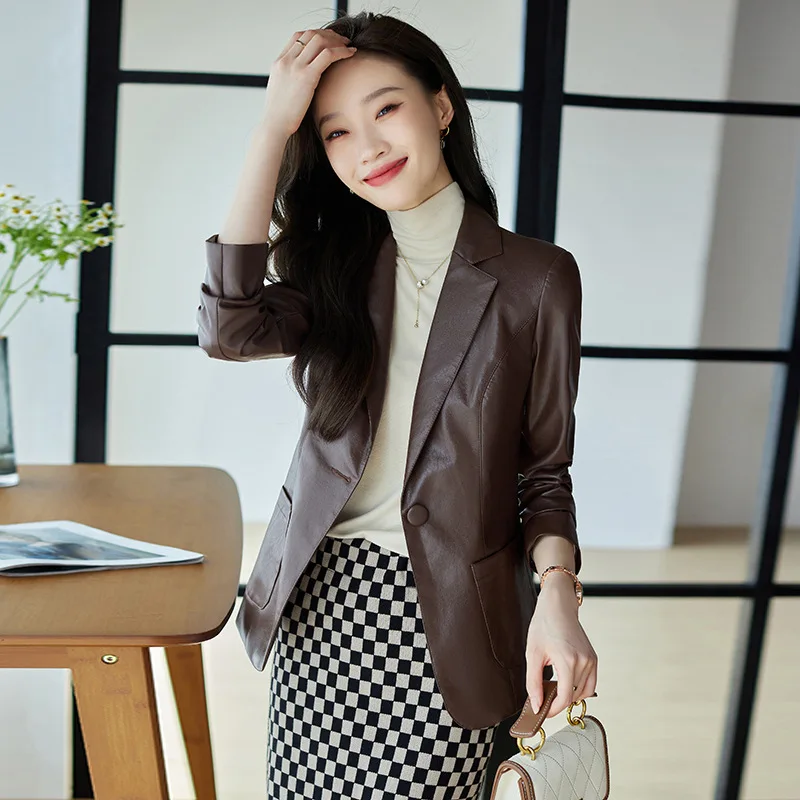 

Coffee Color Leather Coat Skinny Suit Coat Women 2022 Autumn Korean Fashion Short Suit Coat Women Office Elegant Lady Suits