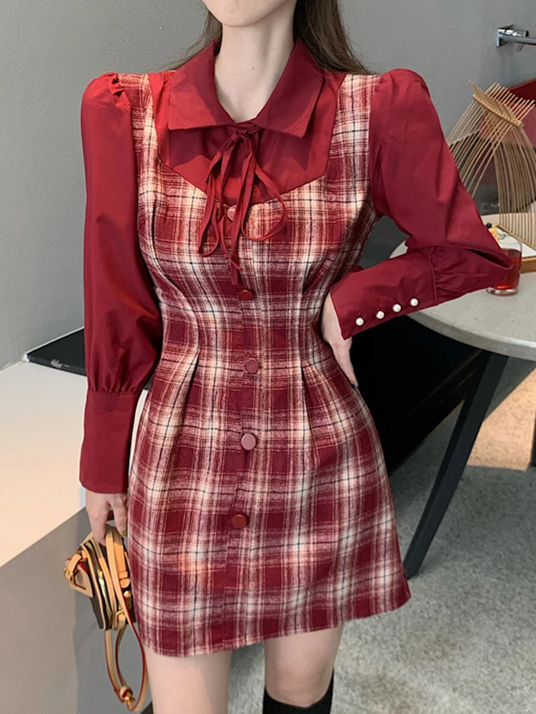 wi w nowym stylu klasyczna szachownica czerwone sukienki kratę kobiety 2023 letni kołnierzyk z klapami Patchwork sukienka trapezowa Slim Y2K Ins
