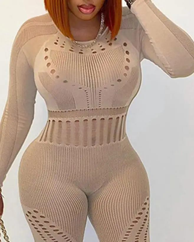 

Sexy Night Out Jumpsuits Woman 2023 Summer Fashion Hollow Out Backless Long Sleeve Round Neck Skinny Jumpsuit Street wear Y2K
