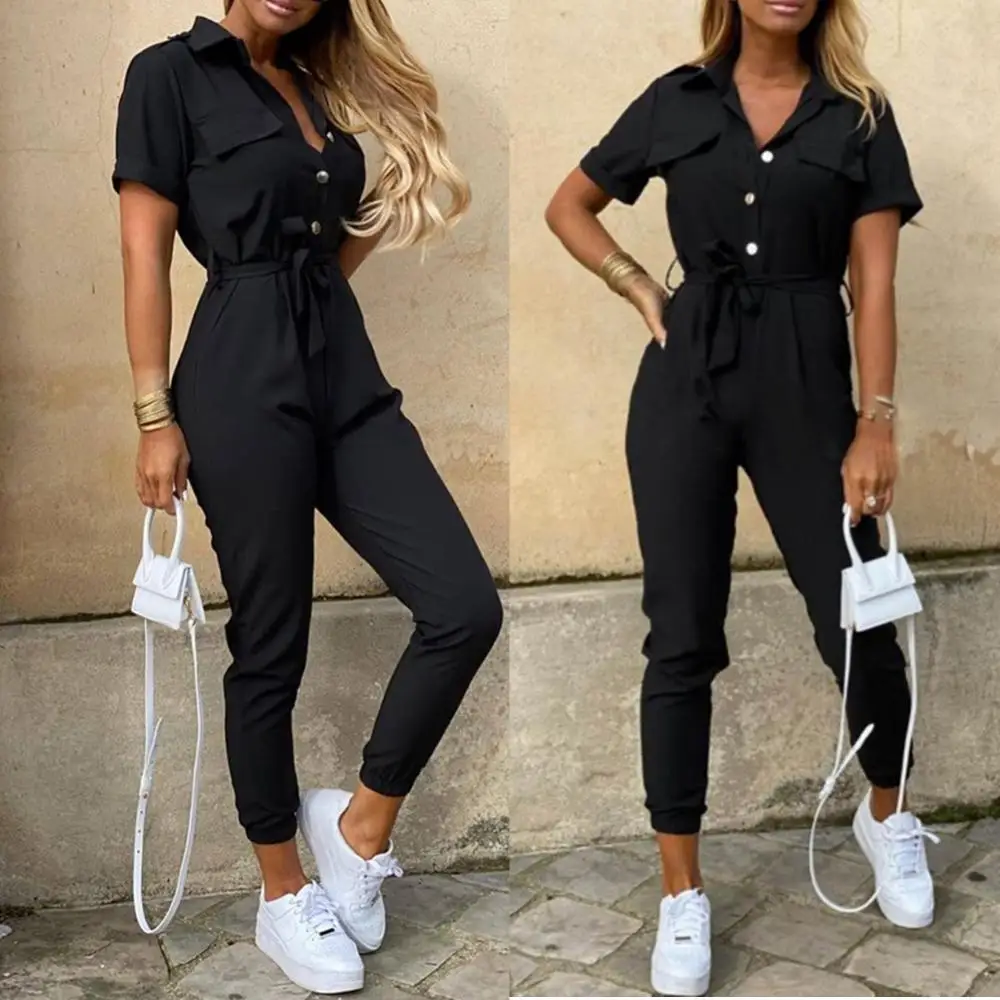 

Новый летний комбинезон, женский элегантный повседневный комбинезон с отложным воротником и пряжкой, женский брючный комбинезон, комбинезон
