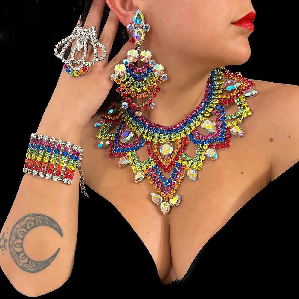 

Stonefans Colorful Big Rhinestone Necklace Set for Women Free Shipping Drag Queen Accessories Exaggerated Jewelry Set 2023 Gift