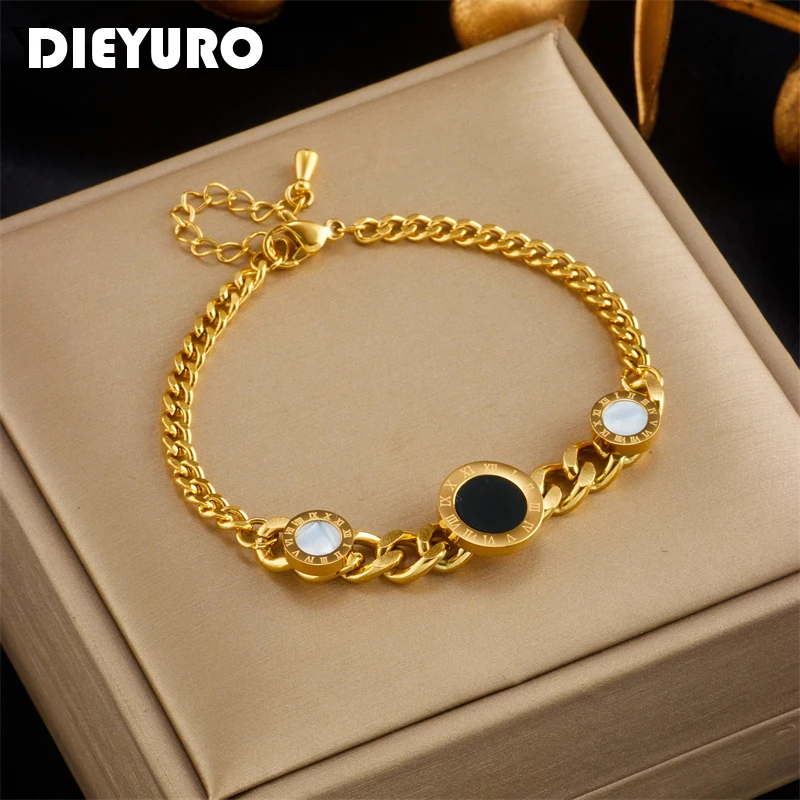 

DIEYURO 316L Stainless Steel Round Roman Numerals Charm Bracelet For Women Girl New Trend Link Chain Bangles Jewelry Gift Party