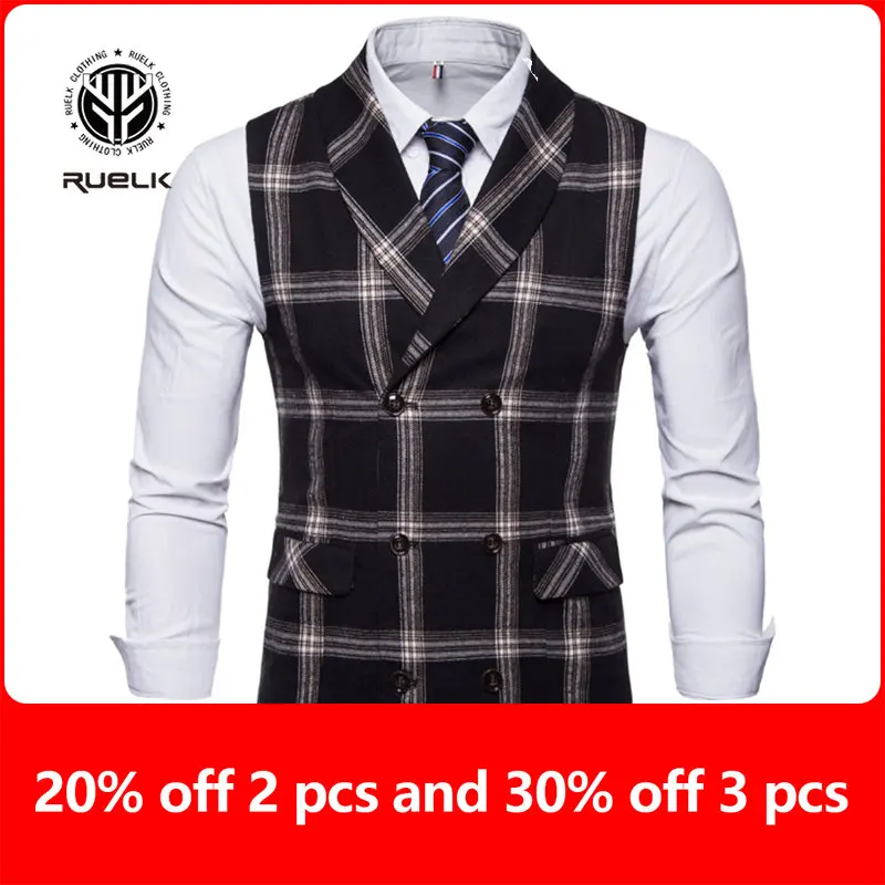 

RUELK Spring And Autumn Slim Vest Men's Sleeveless Business Plaid Jacket Suit Vest Men's Casual Yest Large Size S-2XL