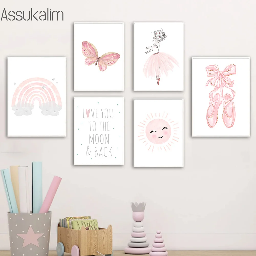 

Nursery Girl Wall Art Painting Butterfly Dancing Girl Ballet Shoes Poster Rainbow Sun Prints Nordic Posters Baby Bedroom Decor