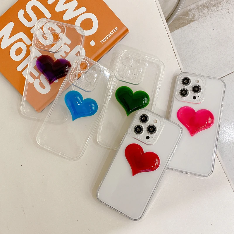 

Shockproof Lanyard 3D Gradient Love Heart Transparent Phone Case For iPhone 13 11 12 Pro Max Luxury Protection Colorful Cover