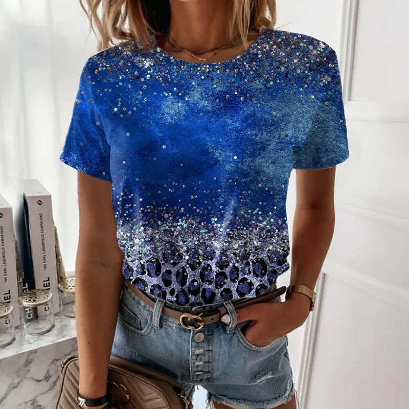 

2022 Summer Casual Women's Abstract Painting T shirt Leopard Print Round Neck Basic Tops Green Blue Purple / 3D Print