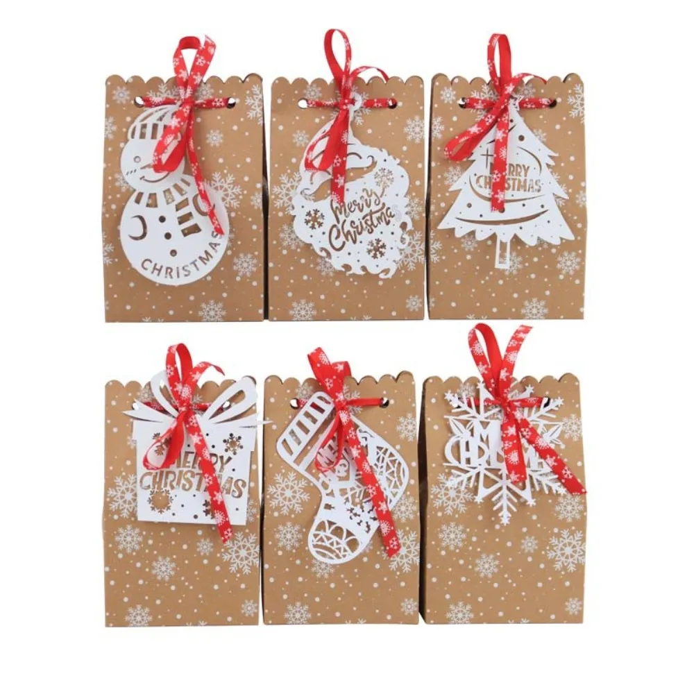 

24Pcs Kraft Paper Christmas Candy Box Snowflake Biscuit Favor Gift Box With Ribbon Packaging Bag New Year Xmas Party Supplies