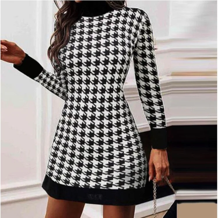 

Women's long slim black houndstooth mid-waist pullover plaid dress