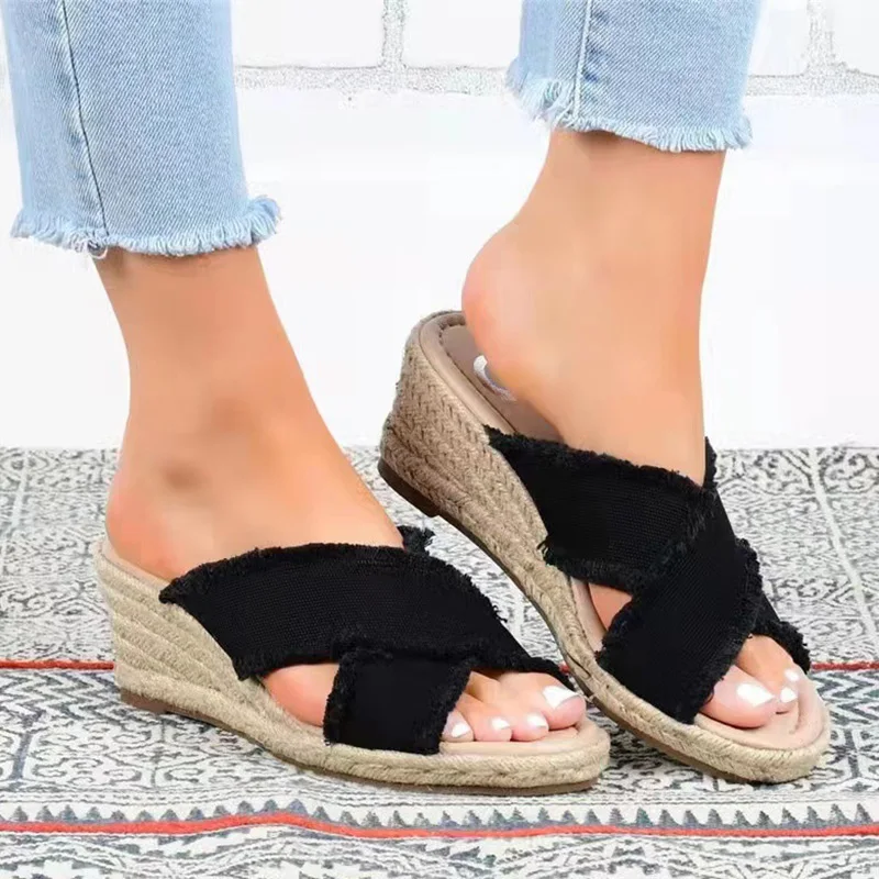 Сандалии женские из джинсовой ткани босоножки на танкетке открытый носок без