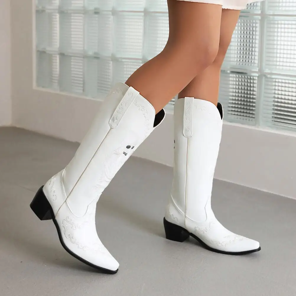 Cowboy boots for women 2022 embroidery boots white women's Mid-Calf black hallowmas plus size goth ladies botas Plus size 46