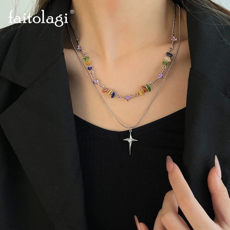 

Двухслойное ожерелье с искусственными звездами, многослойное красочное ожерелье с цепочкой из камня в стиле K-POP, геометрическое ожерелье унисекс Y2K в богемном стиле