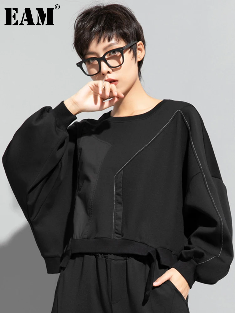 

[EAM] Loose Fit Black Irregular Sweatshirt New Round Neck Long Sleeve Women Big Size Fashion Tide Spring Autumn 2022 1DF1661