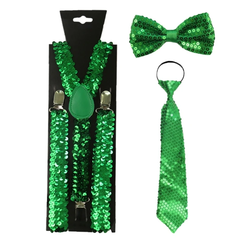 

Women Men Sparkly Sequins Solid Suspenders Bowtie Necktie Set Cosplay Costume