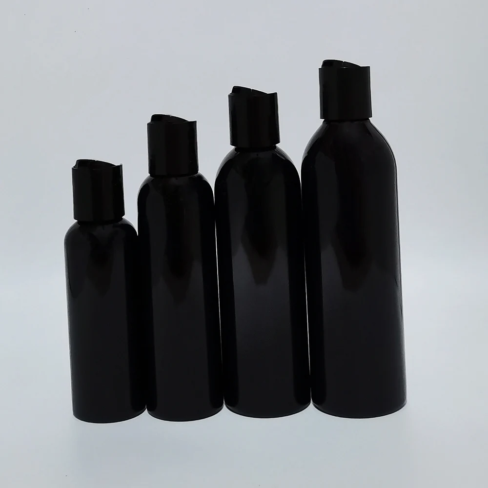 

100ml 150ml 200ml 250ml Empty Refillable Black PET Bottle With Disc Top Cap 5OZ PET Shampoo Bottle Black Plastic Container