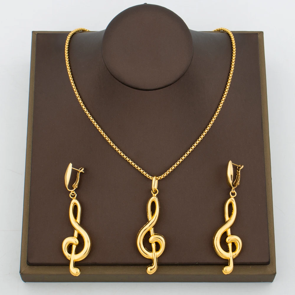 

African Gold Color Jewelry Note Design Necklace and Drop Earrings 18k Gold Color Jewellery Set for Party Weddings