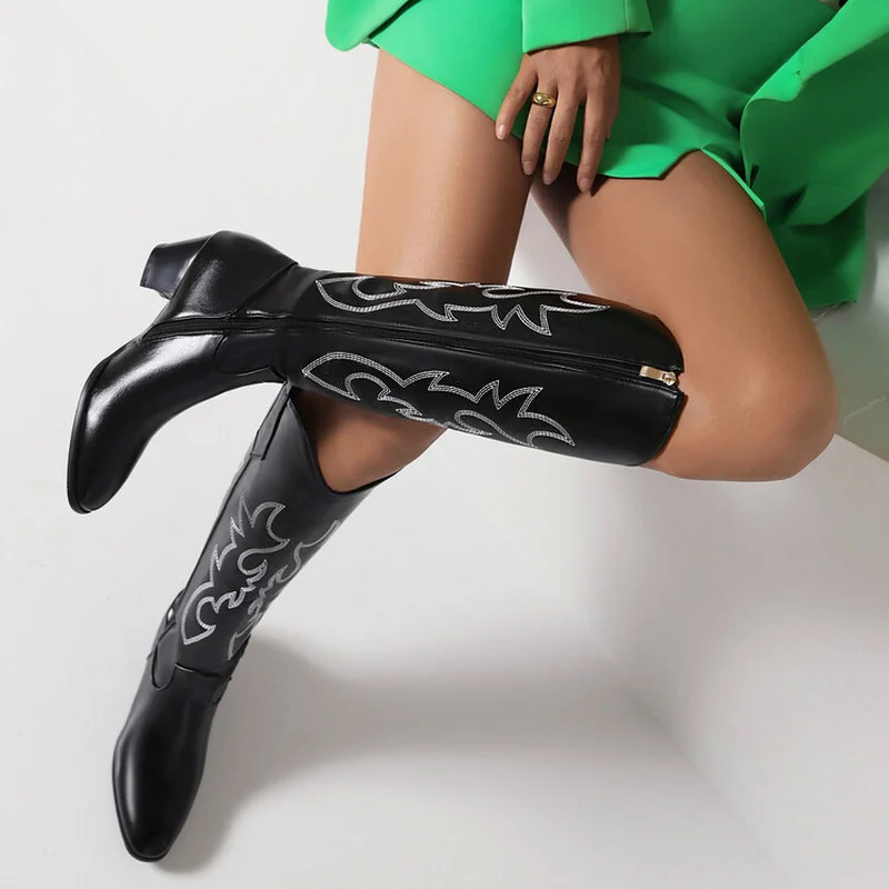 

Brand New 2022 Mid-calf Pointed Toe Sewing Square Heels Slip-on Women Boots Winter Spring Autumn Lady Shoes Plus Size 33-46