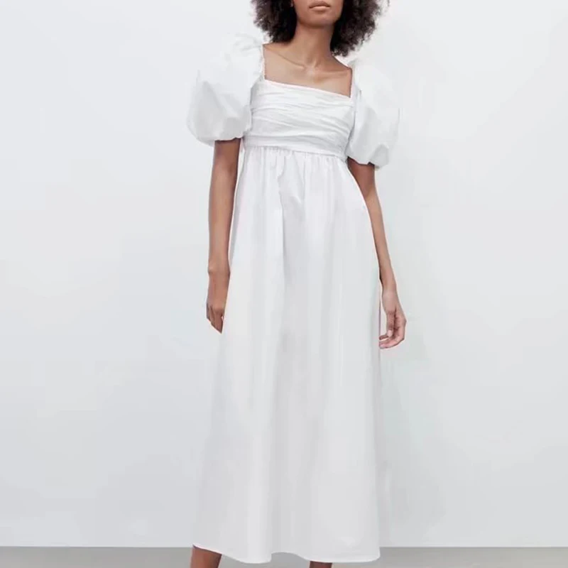 

2022 Summer Women Fashion White Crinkle-embellished Poplin Dress All Match Bubble Short Sleeve Square Collar Long Dress BB22107