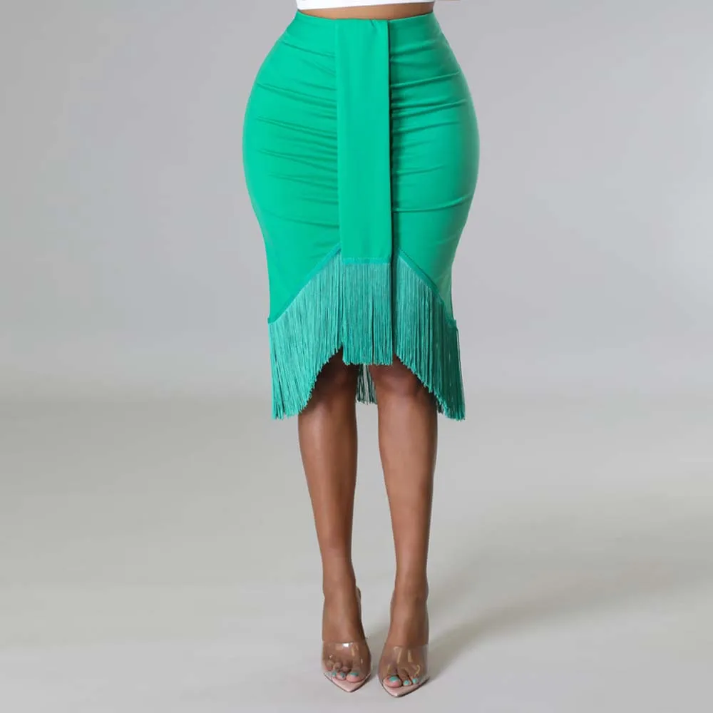 

Tight High Waist Pleated Hip Skirt Sexy Tassel Skirt One Step Skirt Commuter OL Elegant Summer 2022 Western Style Office Lady