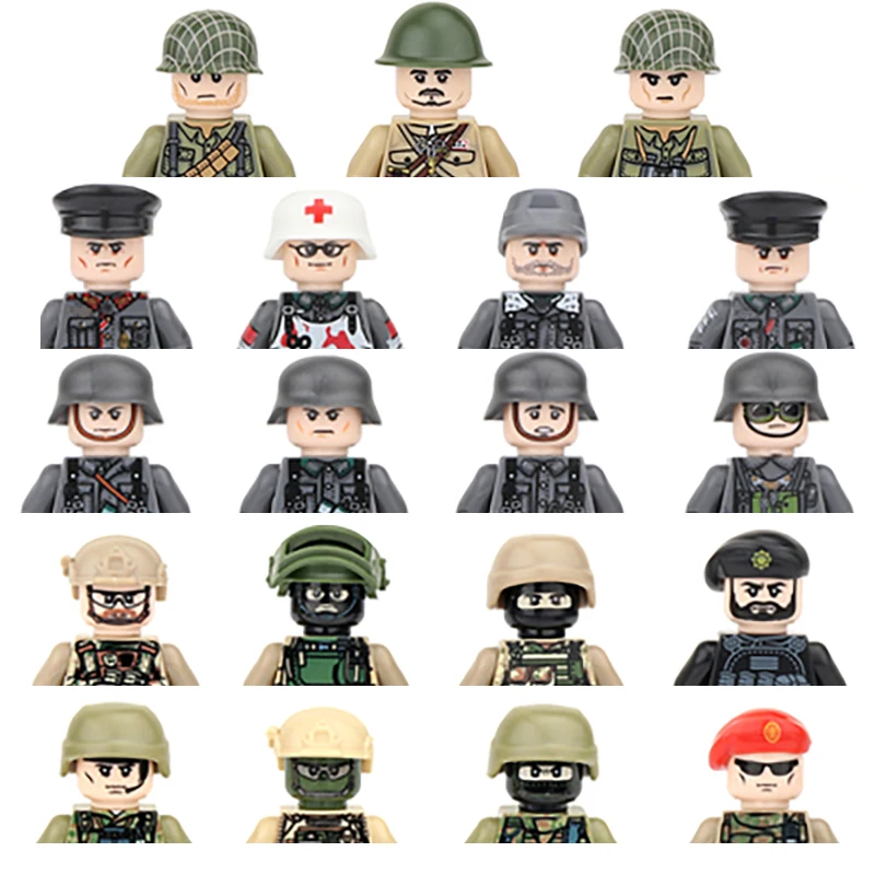 WW2 Military Building Blocks Single Sided Printing Solider Figures Gifts Weapons Guns Compatible MOC Mini Bricks Toys For Kids