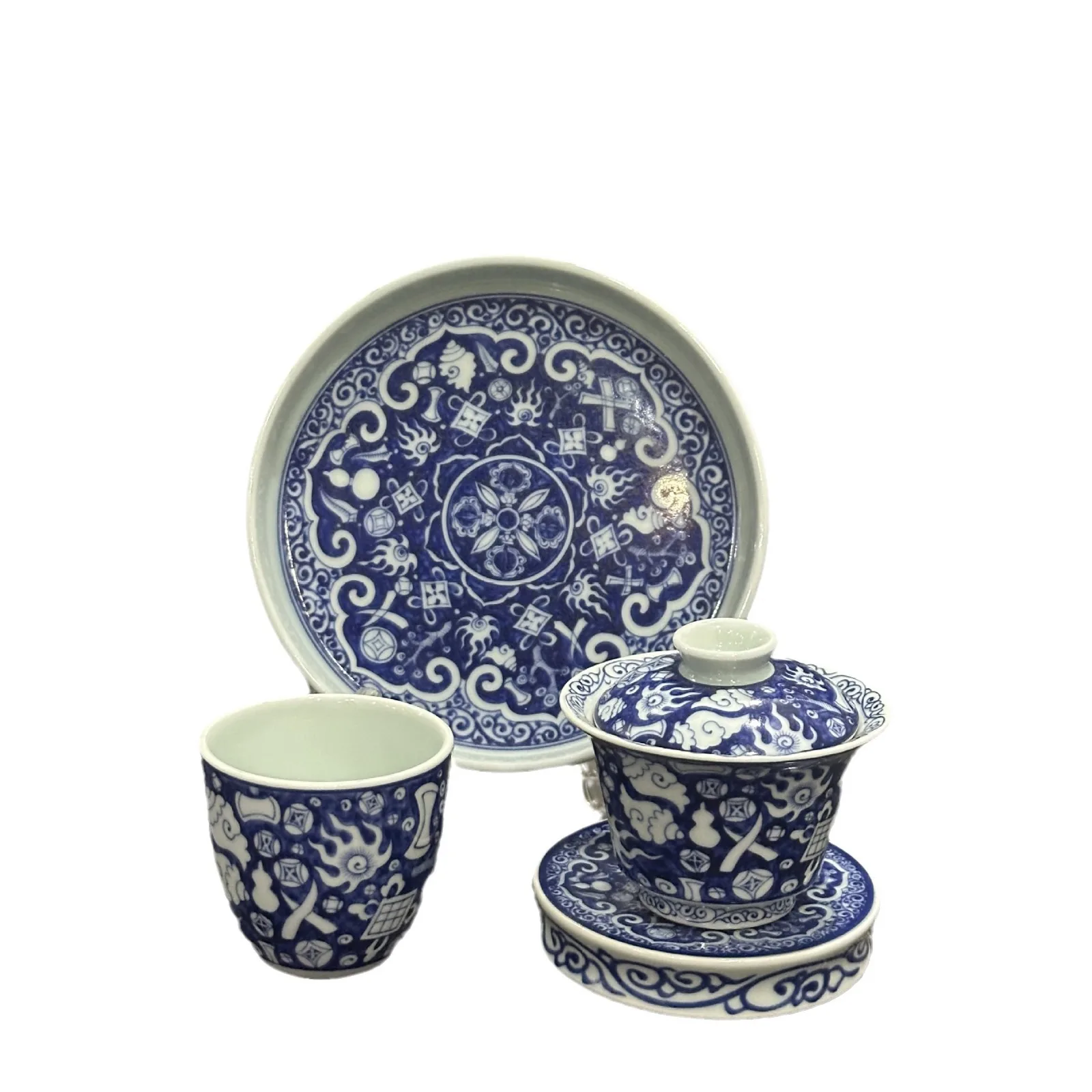 Синий и белый фарфоровый чайный сервиз Цзиндэчжэнь антикварные восемь сокровищ