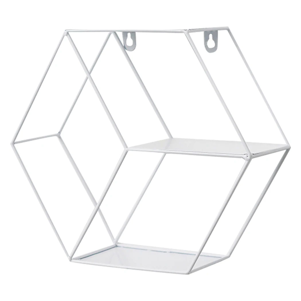 Nordic Style Wall Mounted Floating Hexagon Shelf Metal Iron Framed Storage Holder Rack With Non-Trace Hook Geometric Frame Stand