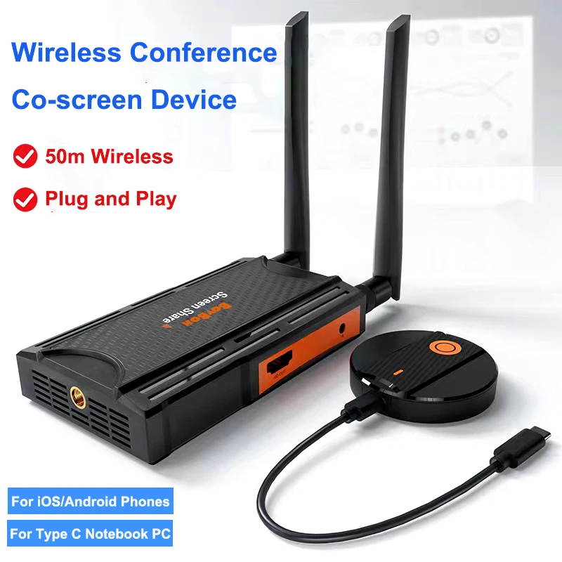 

Wireless Transmitter and Receiver HDMI Extender HD 1080p 50m Wireless Display Screen Share Adapter for Type C PC To TV Projector