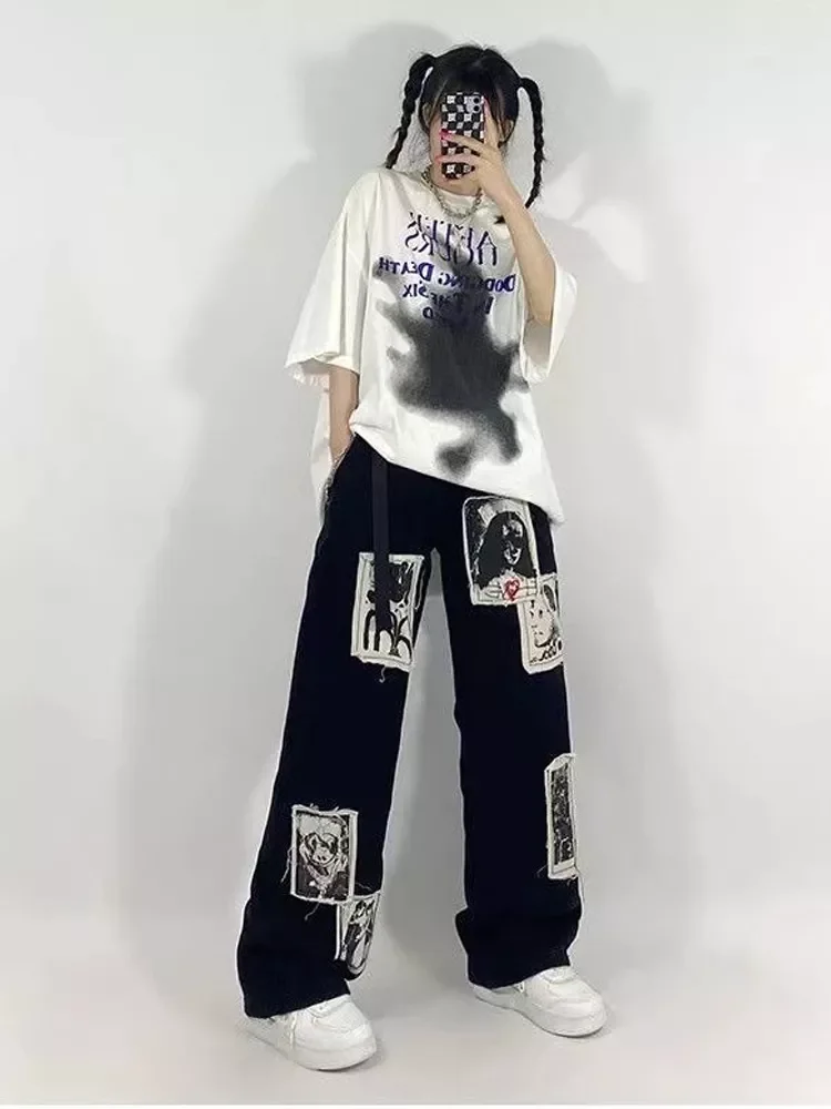 

HOUZHOU Grunge Punk Patchwork Black Jeans Women Hip Hop Streetwear Print Oversize Wide Leg Trousers 90s Vintage Fashion Pants